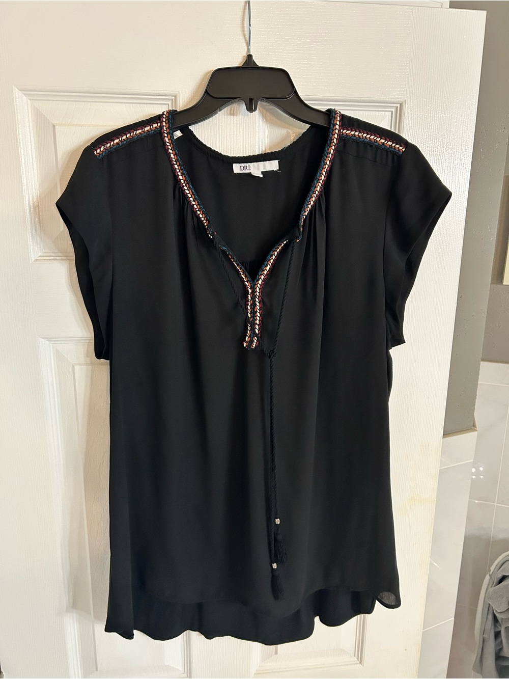 DR2 Black Tie-Front Cap Sleeve Blouse with Metallic Trim